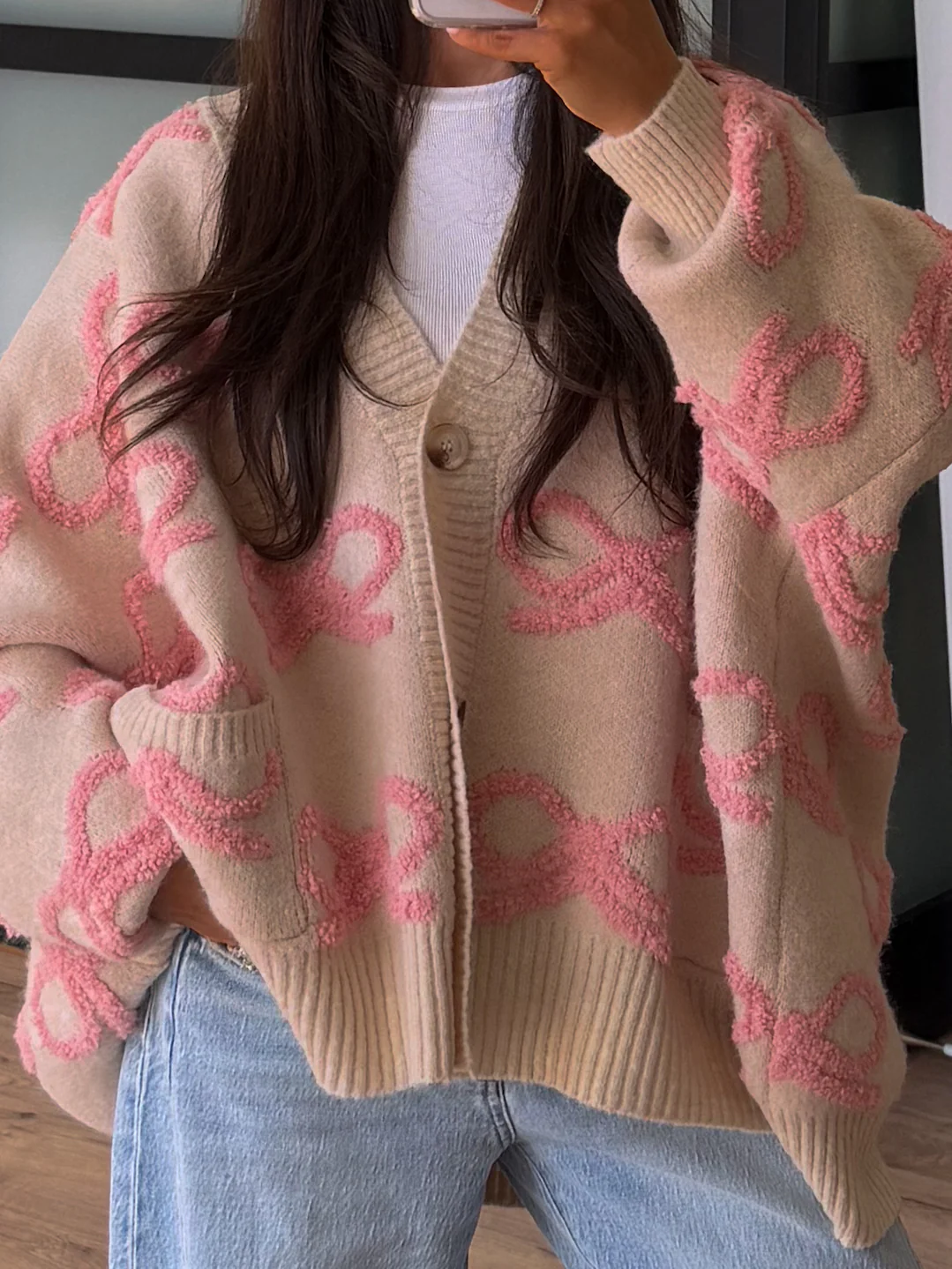 Eloise Bow Button Cardigan | Ballet Pink